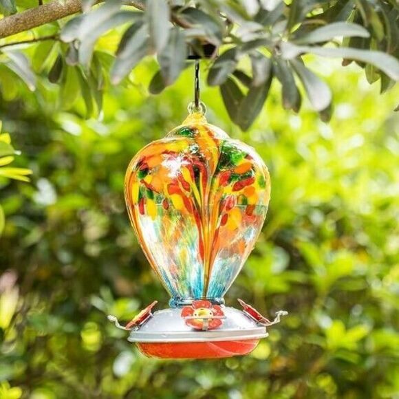 Hummingbird Feeder 34 oz Hand Blown Glass 4 Feeding Ports Ant Moat Leakproof - Picture 3 of 7
